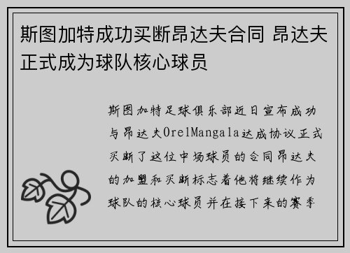 斯图加特成功买断昂达夫合同 昂达夫正式成为球队核心球员